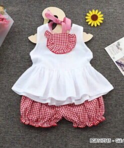 Set áo linen bèo túi trước quần bí caro dễ thương cho bé gái