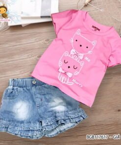 Áo thun mèo phối nơ quần jeans giả váy